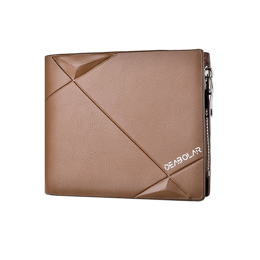 Men's tri-fold PU leather wallet, coffee brown, zip closure with diagonal geometric design.