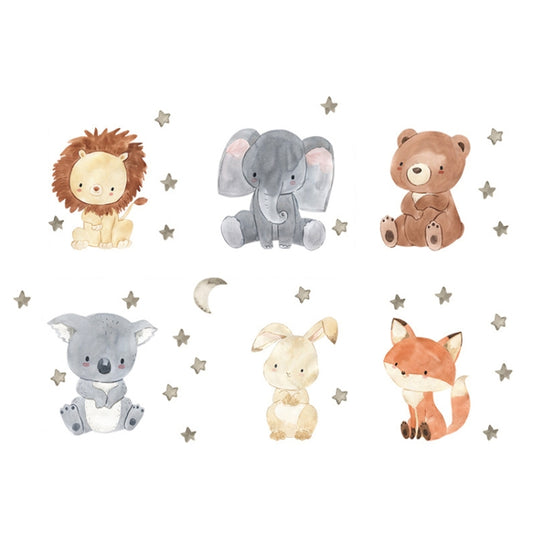 Cartoon animal wall switch stickers set with lion, elephant, bear, koala, bunny, fox and stars