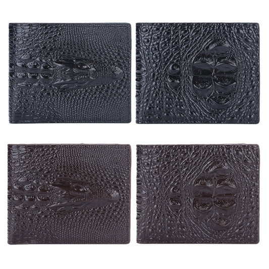Men’s short wallet in dark crocodile-embossed texture, front and back views.