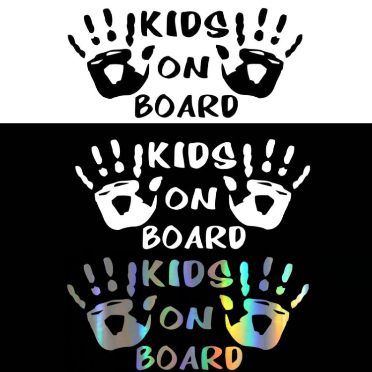Set of three Kids on Board reflective car stickers: black, white, and laser