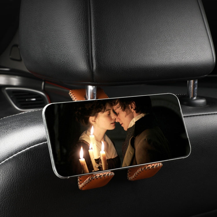 Car headrest phone holder with mounted tray and leather double hooks