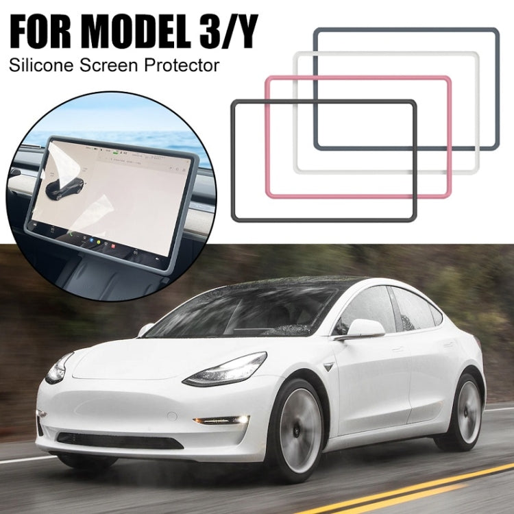 Silicone screen protector frame in black, pink, and white for Tesla Model 3/Y