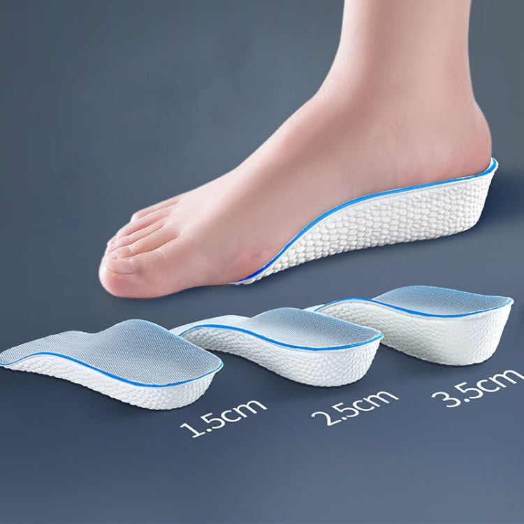 White arch support shoe pads with blue edges, showing 1.5 cm, 2.5 cm, 3.5 cm