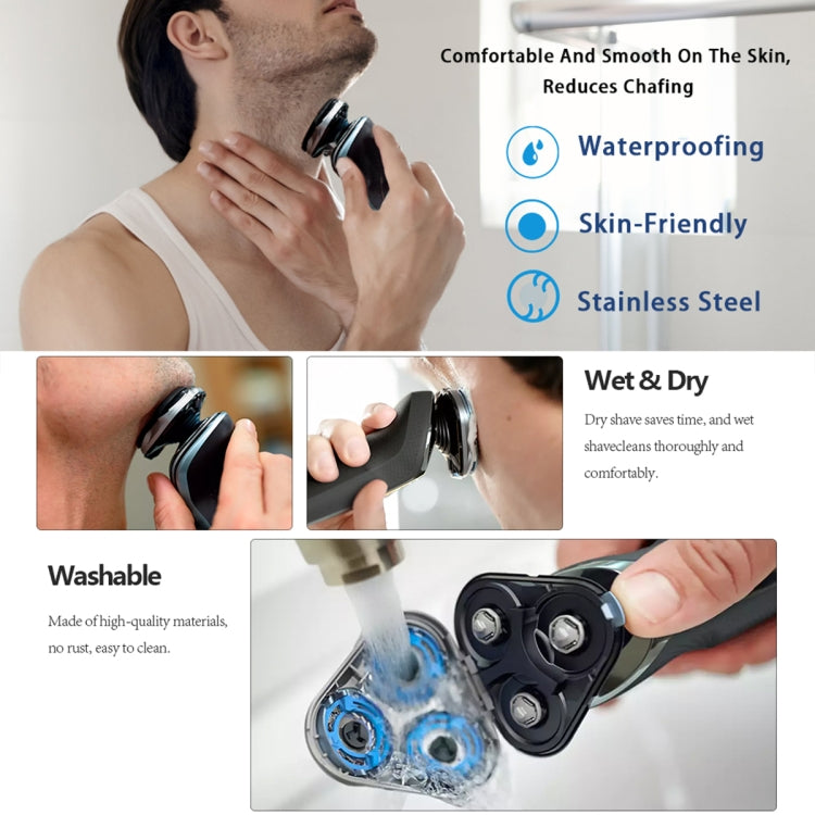 Rotary shaver head replacement with three foil cutters, shown held during wet shaving