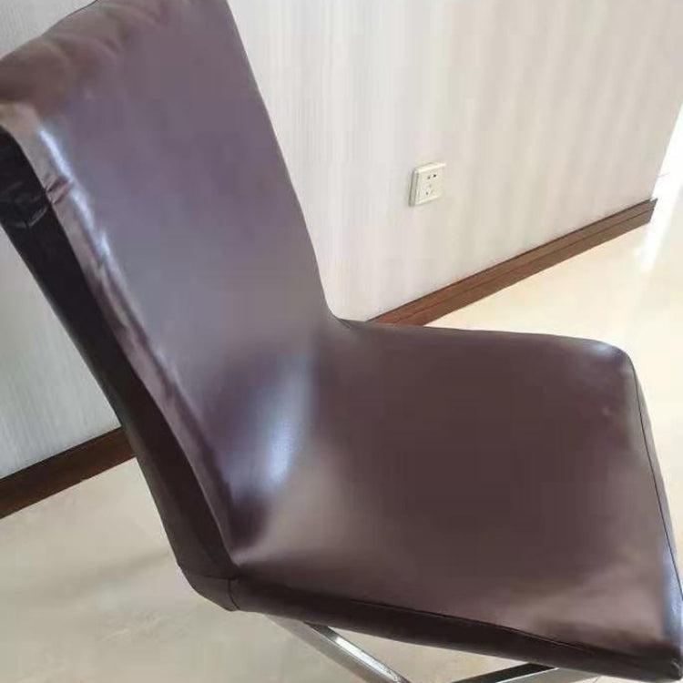 Grey elastic chair cover close-up on chair arm and back, smooth PU finish