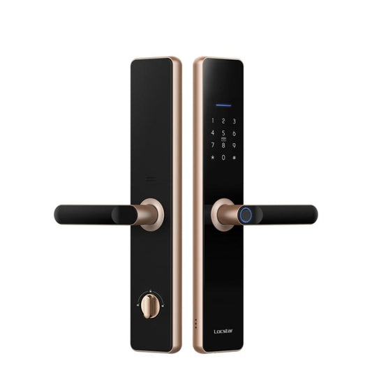 Fingerprint door lock pair with keypad and lever handle, showing dark and rose gold finishes