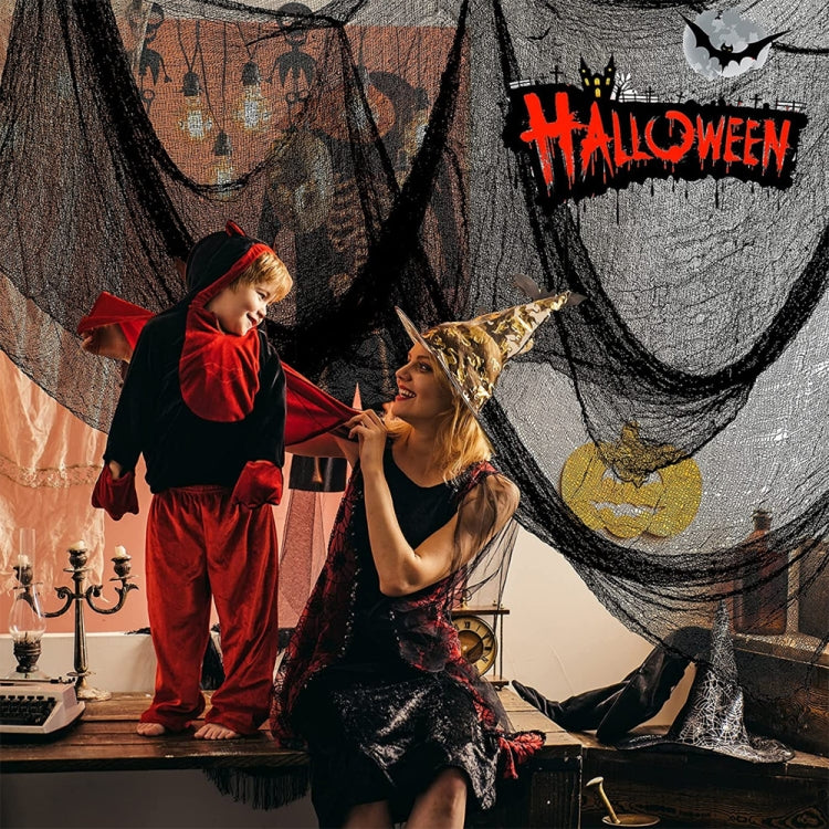 Black Halloween gauze web drape, sheer net curtain over an entryway