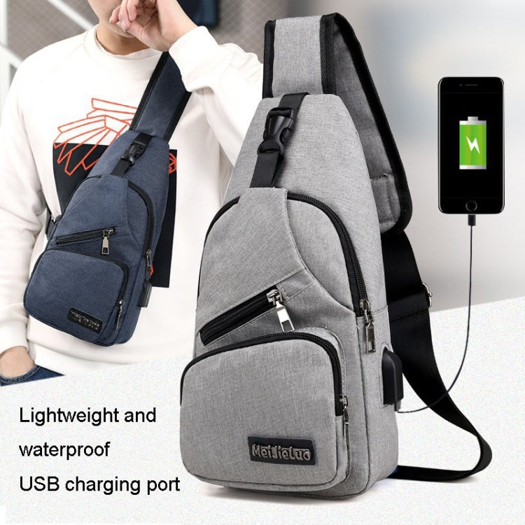 Grey chest sling bag with USB charging port detail, front zip pocket and strap