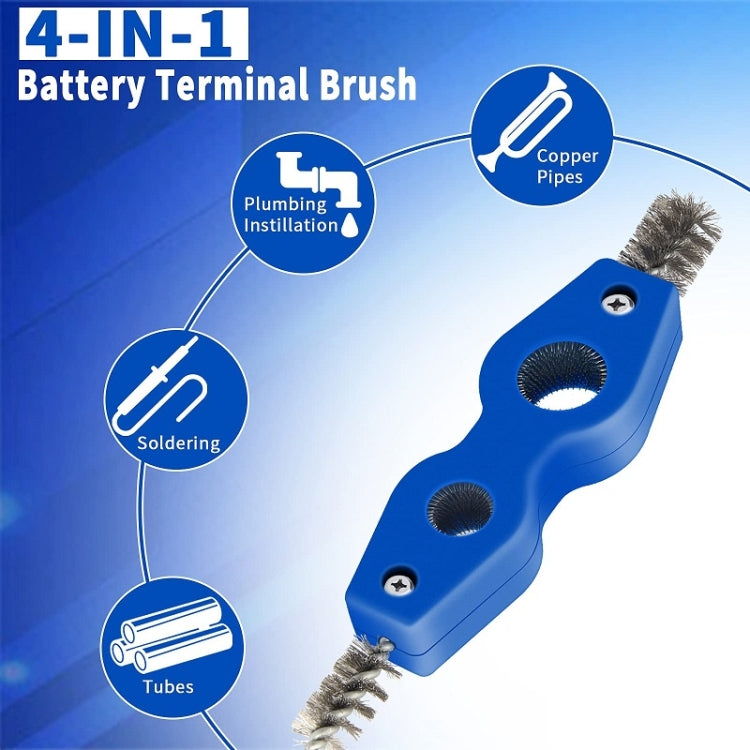 Blue 4-in-1 battery terminal brush with two round ports and metal bristle ends
