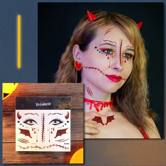 Face horror tattoo sticker sheet with red-and-black stitches, tears, and eye designs