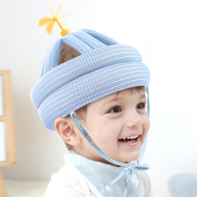 Blue hooded anti-fall baby pillow protection pad with face opening and chin strap