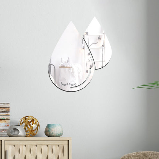 Set of 2 acrylic water-drop mirror wall stickers, glossy silver with face detail