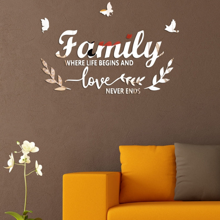 Gold mirror wall sticker: Family quote with birds and leaf branches, top view