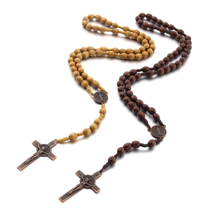Layered wooden bead cross necklaces in light and dark coffee, each with a cross pendant