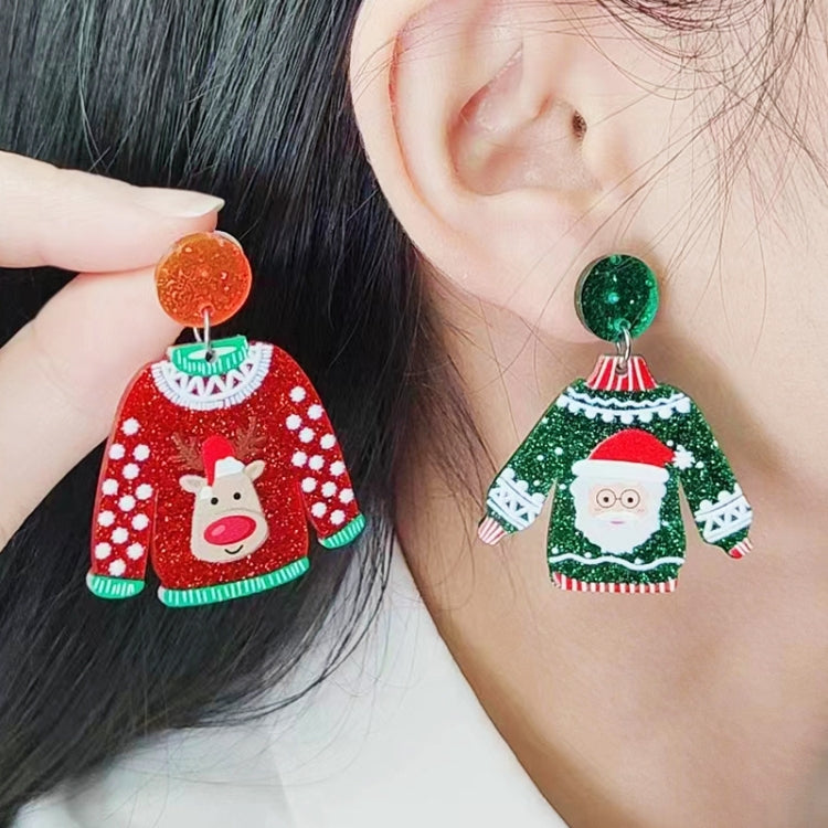 Christmas sweater earrings on ears: red reindeer and green Santa with glitter studs