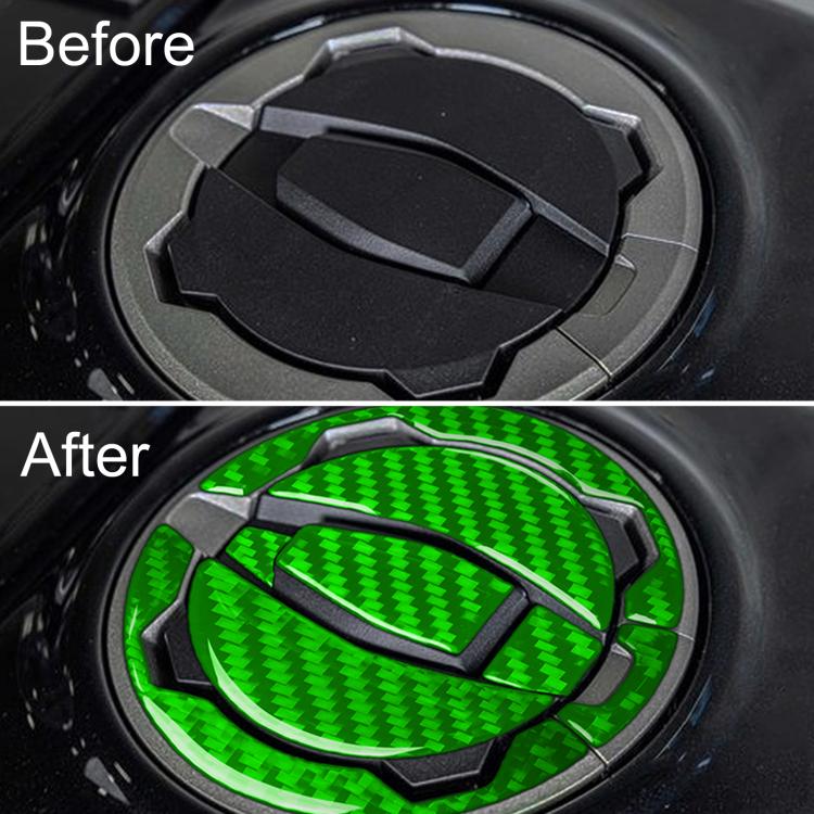 Fuel tank cap sticker set showing before cap and after green carbon-fiber style cover