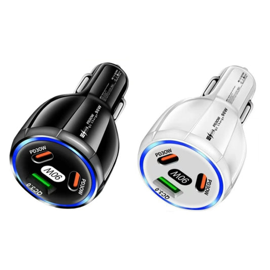Dual car USB-C chargers shown in black and white with blue LED rings
