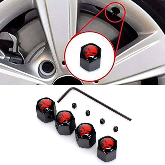 Set of 4 black wheel valve caps with red skull icon, with included hex key