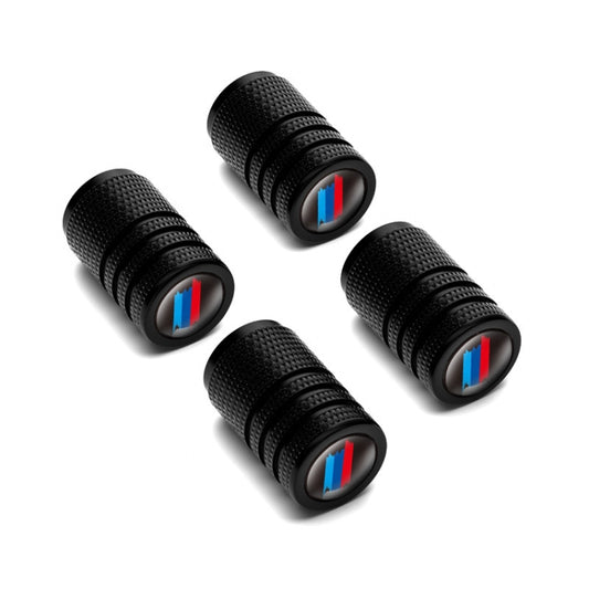 Black checkered car wheel valve caps with round tricolor logo top