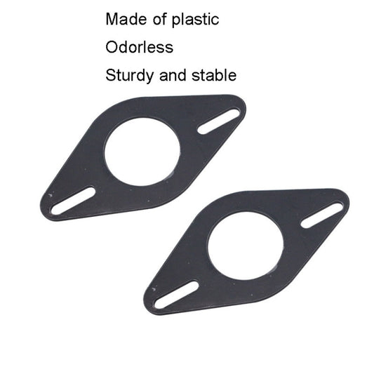 Two black plastic triangular brackets with oval center openings and side slots