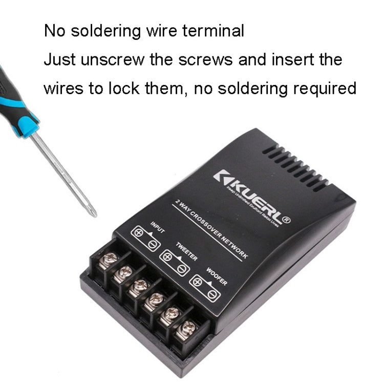 Black 2-way car crossover network with screw terminals for no-solder wire connection