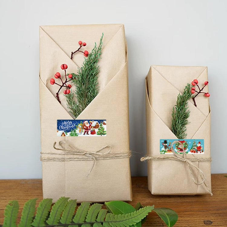 Christmas self-adhesive label stickers on wrapped gift envelopes with cartoon scenes