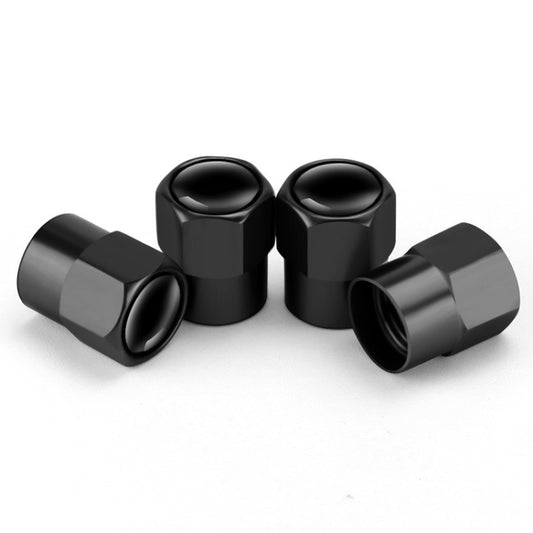 Black hexagonal metal tire valve caps set, 4-piece with black rubber inserts