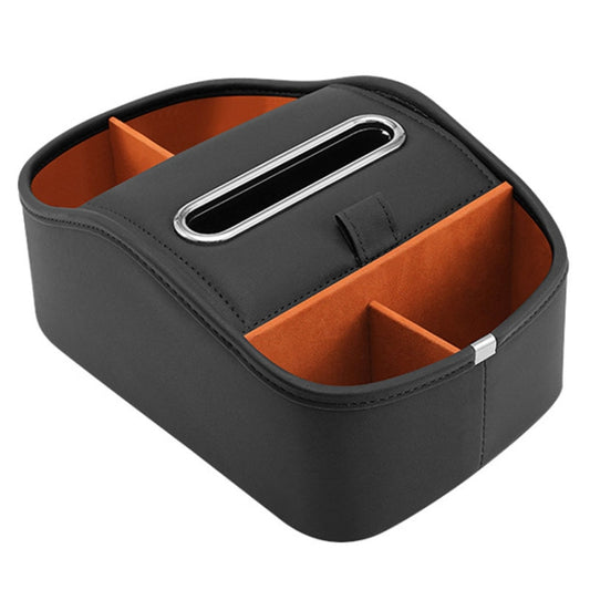 Partitioned car tissue storage box with metal pull slot and orange organizer inserts