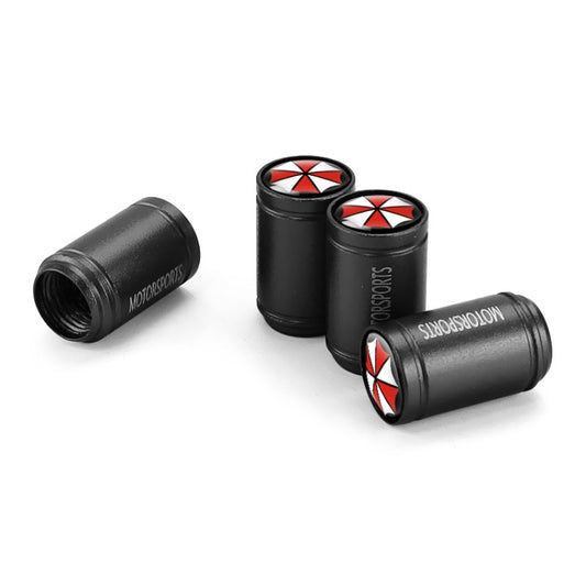 Black metal tire valve caps set with red star emblem, universal fit (4-pack).