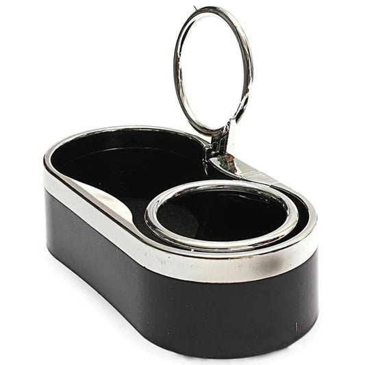 Double car dashboard cup holder with two oval cup wells, chrome rims, key ring attached