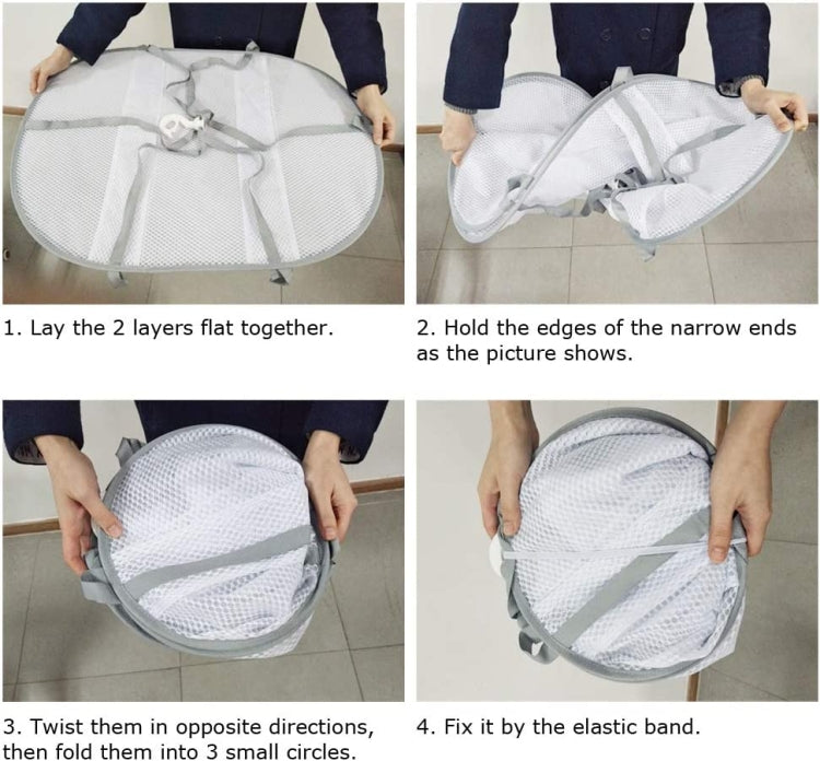Foldable drying rack with round mesh net, twisting and securing with elastic