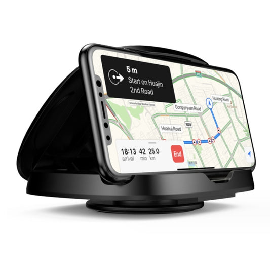 Black suction cup dashboard phone holder with rotatable cradle, holding a smartphone