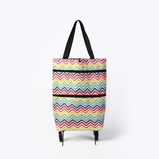 Foldable shopping trolley cart with multicolor zigzag fabric tote and black handle