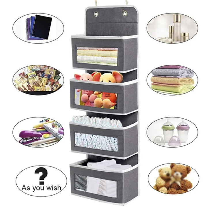 Gray wall-mounted door storage organizer with clear pockets for folded clothes and small items