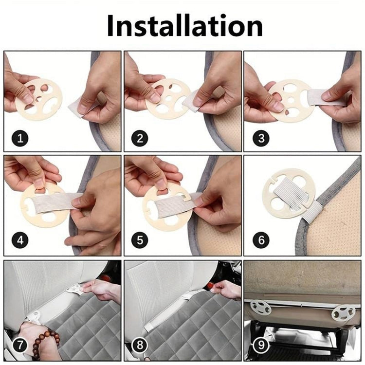 Car seat cushion installation guide showing strap mounting steps, diagram view