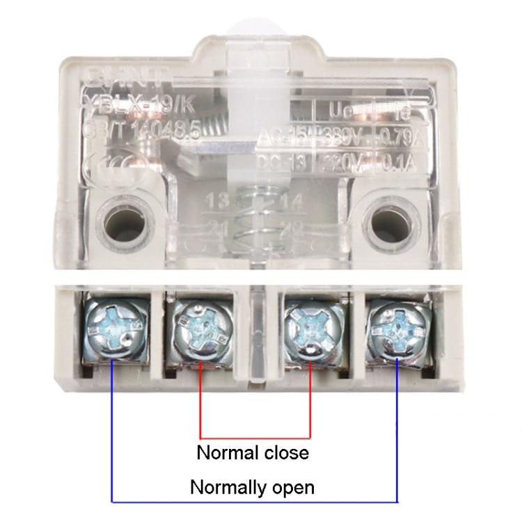 Micro travel switch insert in clear housing with four terminals; normally open and normally closed labels