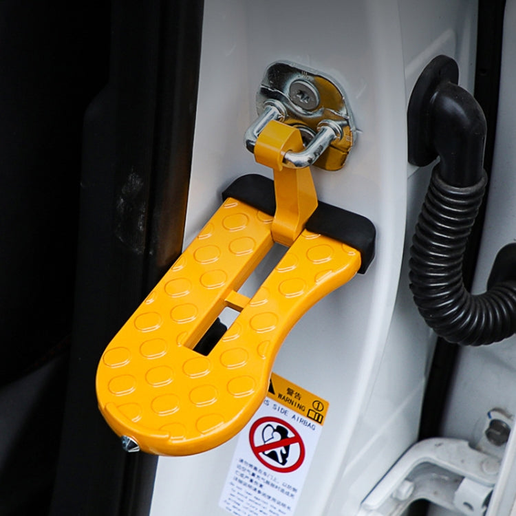 Orange SUV car entry assist pedal with hook and yellow handle near car door