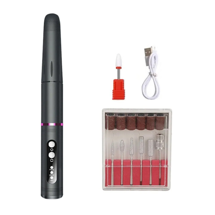 Grey portable USB nail manicure polisher with sanding bit set and charging cable