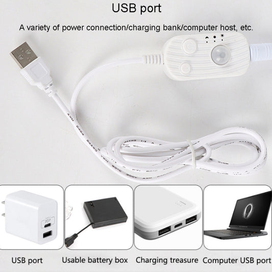 White LED light strip with USB cable and connector, showing power and charging options