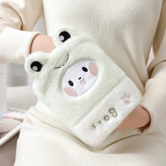 1L Hot Water Bag Dual Hands Plush Cute Hand Warmer, Black and White Puppy, Brown Bear, Fruit Green Frog, Yellow Duck, Pink Bunny, Consortium, Naughty Cat, Little Brown Bear, Little White Rabbit