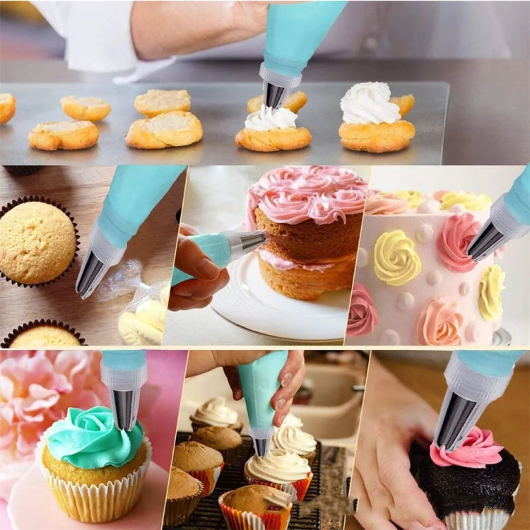 Silicone piping bag decorating cupcakes with pastel frosting using stainless nozzle tips