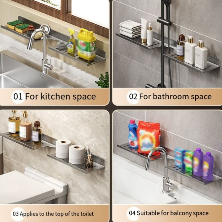 Wall-mounted faucet rack shelf on bathroom sink with bottles, soap, and tissue holders