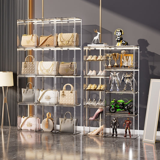 Stackable Transparent Storage Box Magnetic Suction Bookcase Handbag Display Rack, No Partitions, Single Partition, Double Partition, Three Partitions, Side Opening