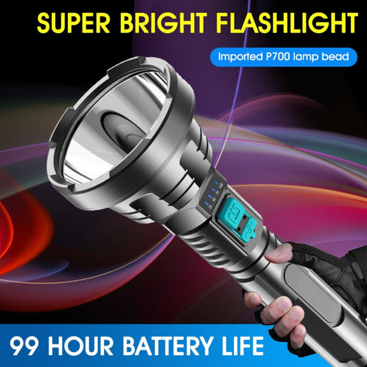 Rechargeable LED flashlight with teal control panel, silver head and black grip.
