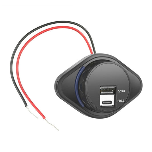 Black 2-port car USB-C charger with two cables and blue ring, QC3.0/PD ports