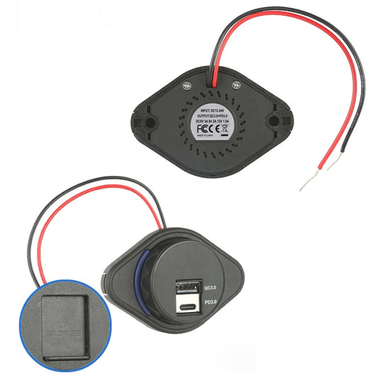Black car USB charger with underside text panel and two red-and-black wire leads