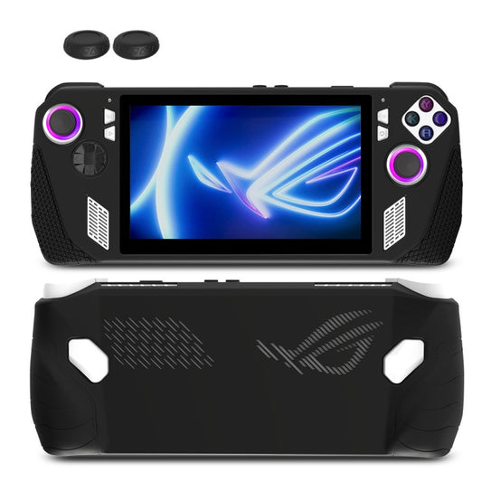 Black silicone protective cover with thumb grips and button caps for handheld game console