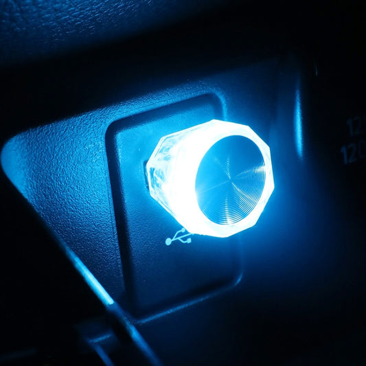 Car USB LED diamond light with bright ice-blue glow at power outlet
