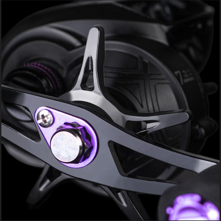 Baitcasting reel with purple-edged star drag and metal handle arm