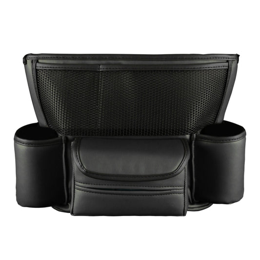 Black mesh car armrest storage organizer with central lidded pocket and side cup holders